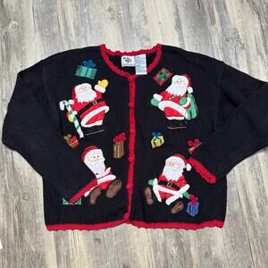 Vintage Nutcracker Christmas Santa Claus Holiday Cardigan Sweater Large Ramie